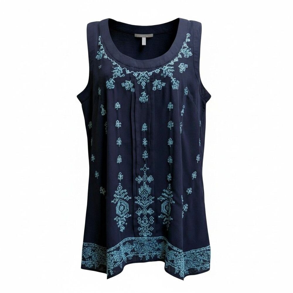 Sundance Boho Beaded Tunic Blouse Women's Sz S Sleeveless Navy Blue Embroidered